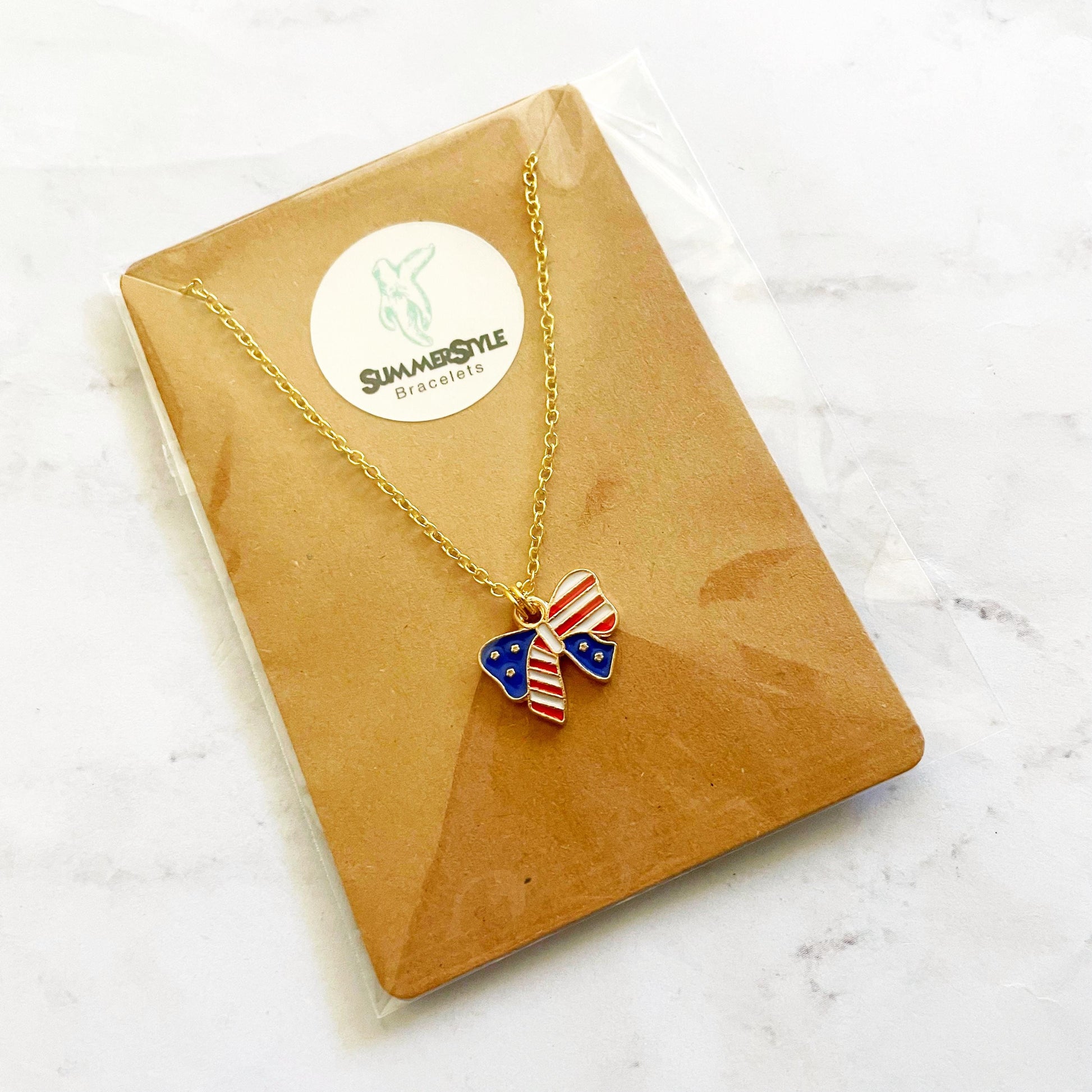 Americana Ribbon Charm Necklace, Patriotic Necklace, July 4th Jewelry, Gold Chain Necklace, SummerStyle Bracelets