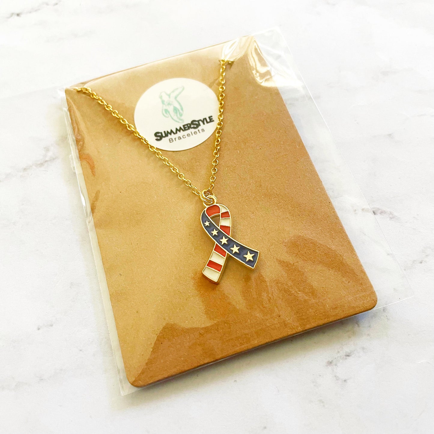 Americana Ribbon Charm Necklace, Patriotic Necklace, July 4th Jewelry, Gold Chain Necklace, SummerStyle Bracelets