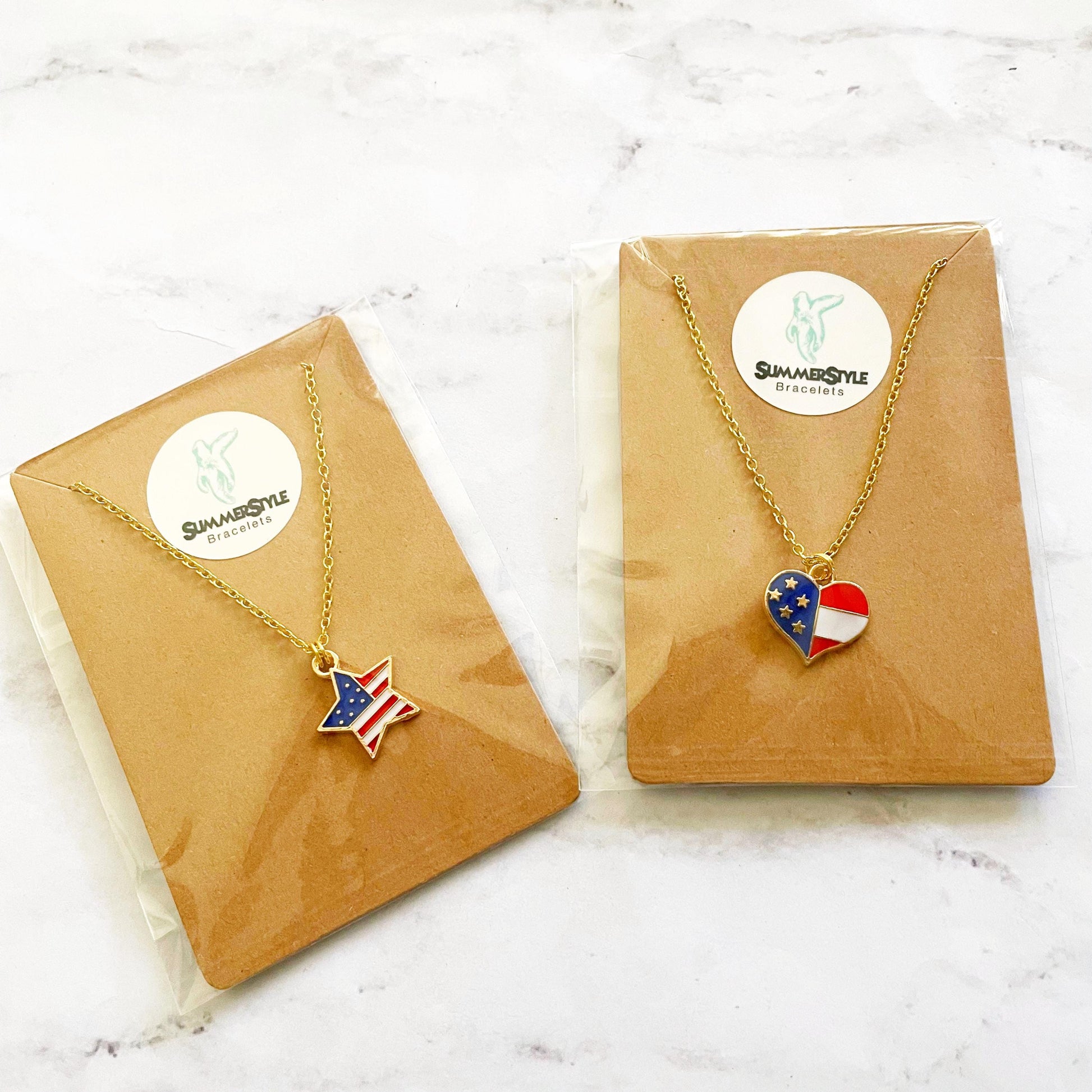 Americana Star & Heart American Flag Charm Necklace, Patriotic Necklace, July 4th Jewelry, Gold Chain Necklace, SummerStyle Bracelets