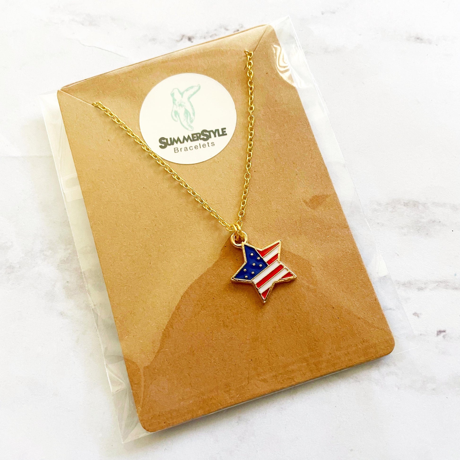 Americana Star & Heart American Flag Charm Necklace, Patriotic Necklace, July 4th Jewelry, Gold Chain Necklace, SummerStyle Bracelets