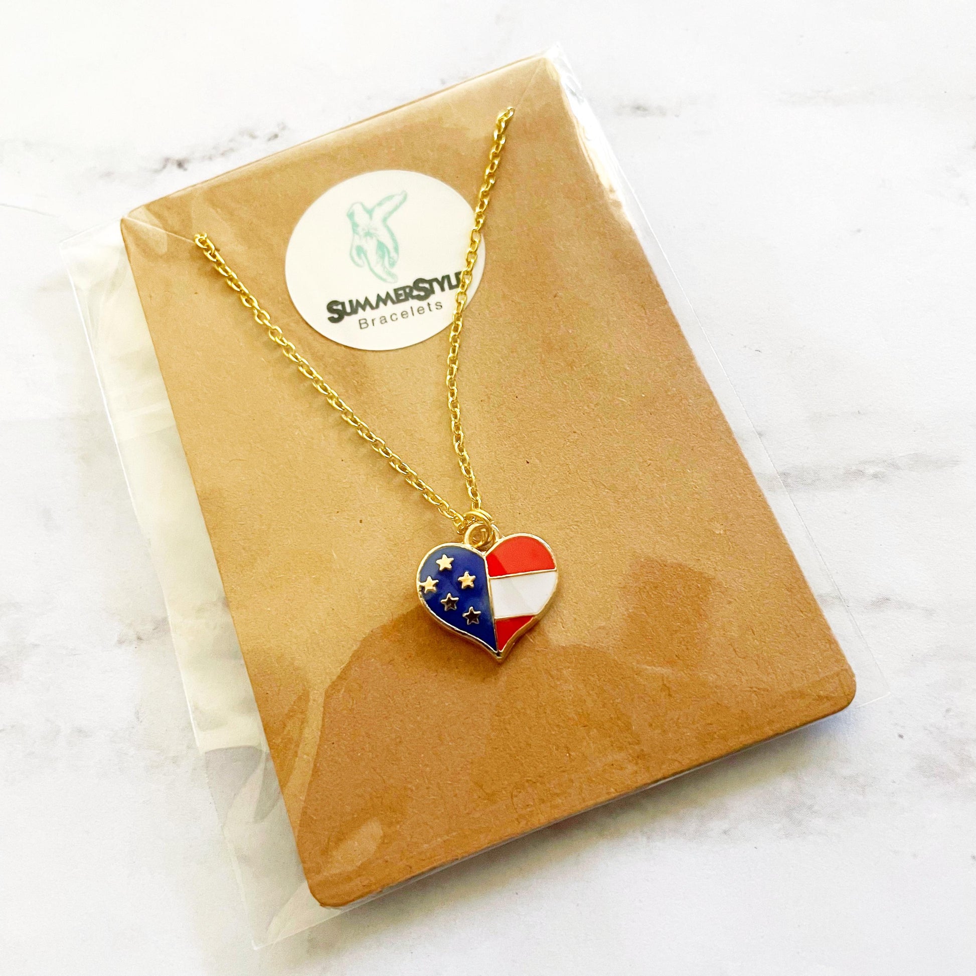 Americana Star & Heart American Flag Charm Necklace, Patriotic Necklace, July 4th Jewelry, Gold Chain Necklace, SummerStyle Bracelets