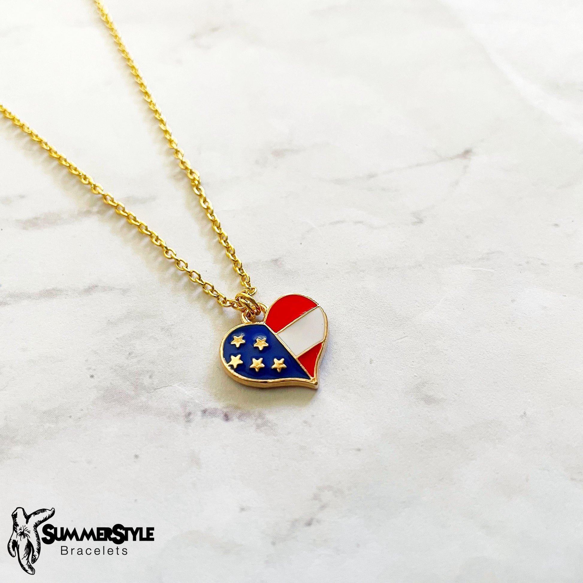Americana Star & Heart American Flag Charm Necklace, Patriotic Necklace, July 4th Jewelry, Gold Chain Necklace, SummerStyle Bracelets