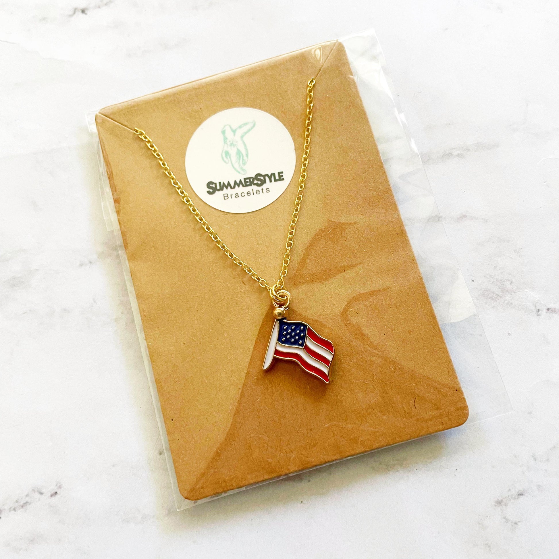 American Flag Charm Necklace, Patriotic Necklace, July 4th Jewelry, Gold Chain Necklace, SummerStyle Bracelets