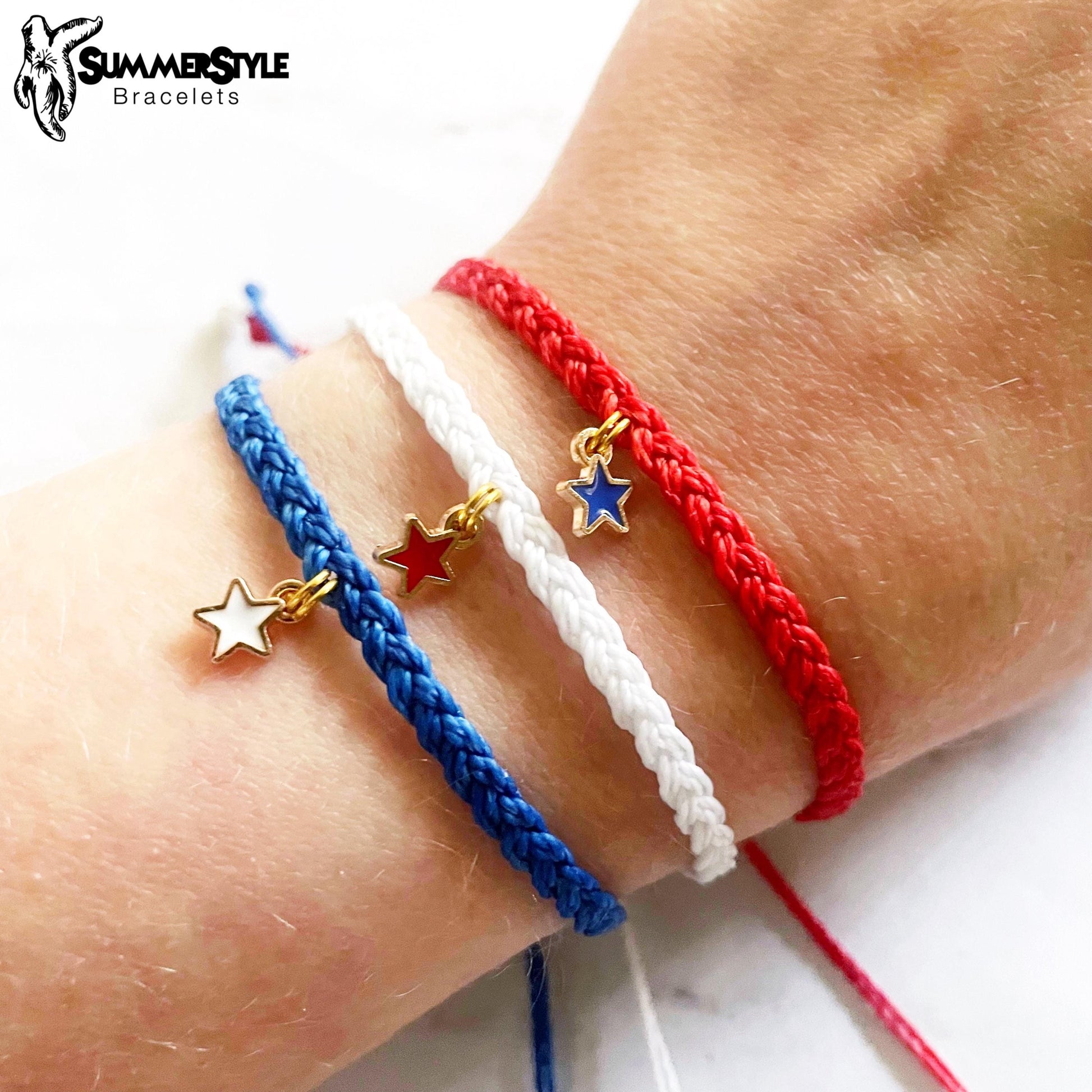 FOURTH OF JULY Patriotic Stars Adjustable Water Resistant Bracelet Set, Braided Bracelet, Americana Jewelry, SummerStyle Bracelets