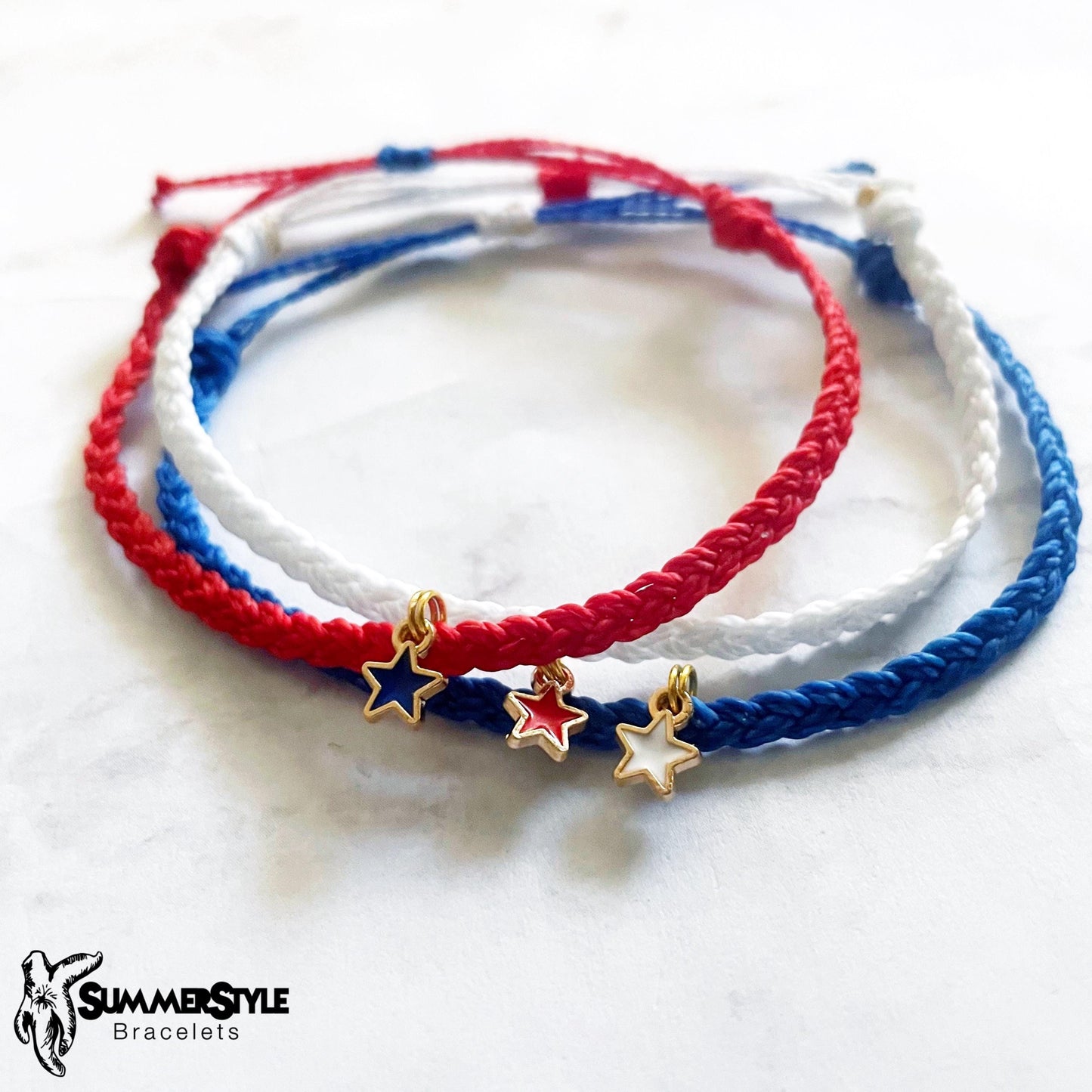 FOURTH OF JULY Patriotic Stars Adjustable Water Resistant Bracelet Set, Braided Bracelet, Americana Jewelry, SummerStyle Bracelets