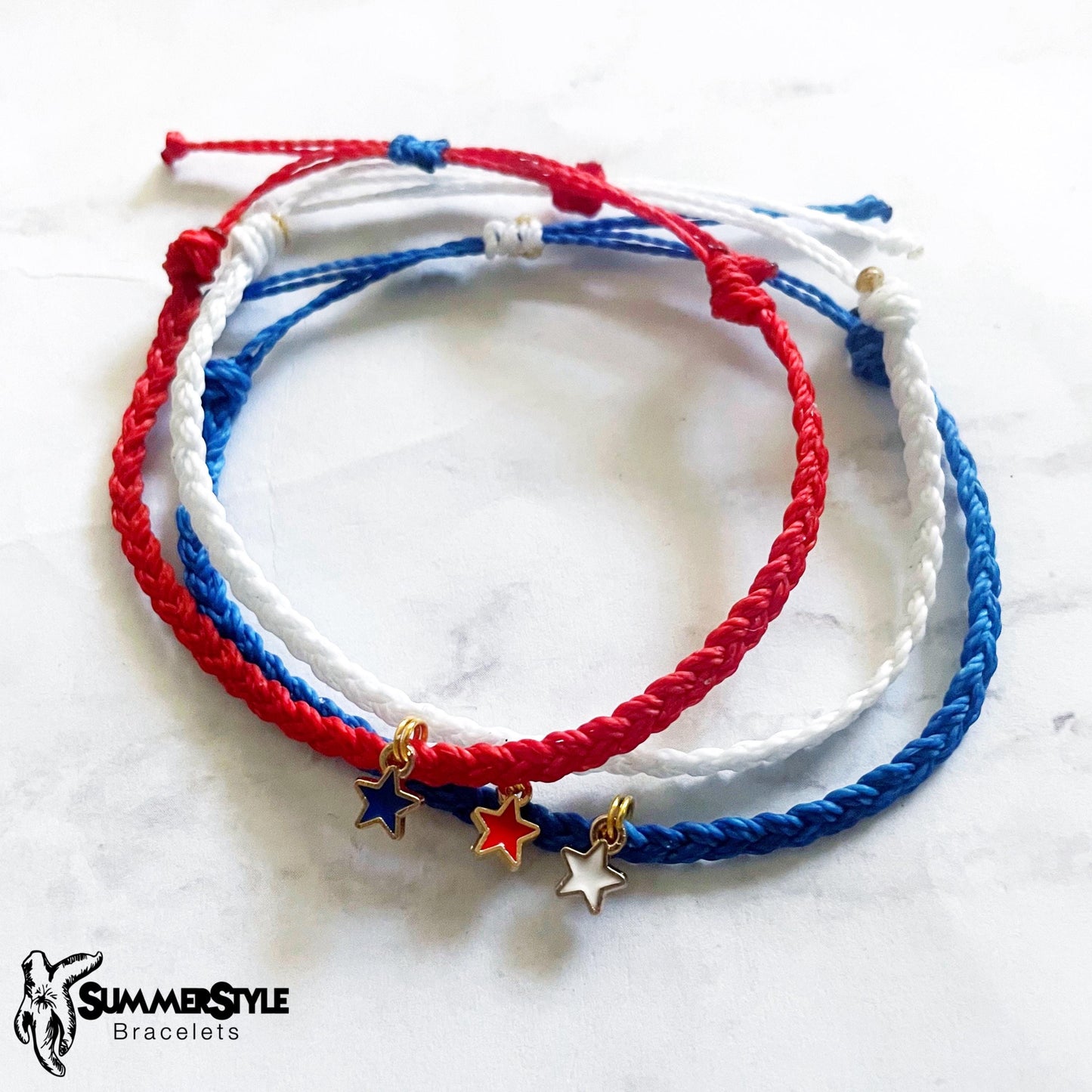 FOURTH OF JULY Patriotic Stars Adjustable Water Resistant Bracelet Set, Braided Bracelet, Americana Jewelry, SummerStyle Bracelets