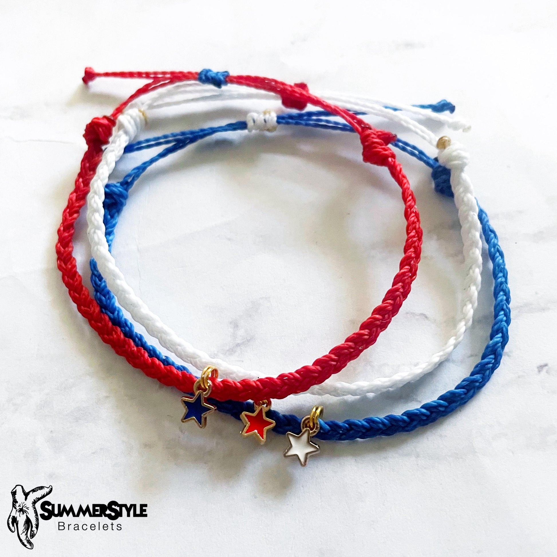 FOURTH OF JULY Patriotic Stars Adjustable Water Resistant Bracelet Set, Braided Bracelet, Americana Jewelry, SummerStyle Bracelets