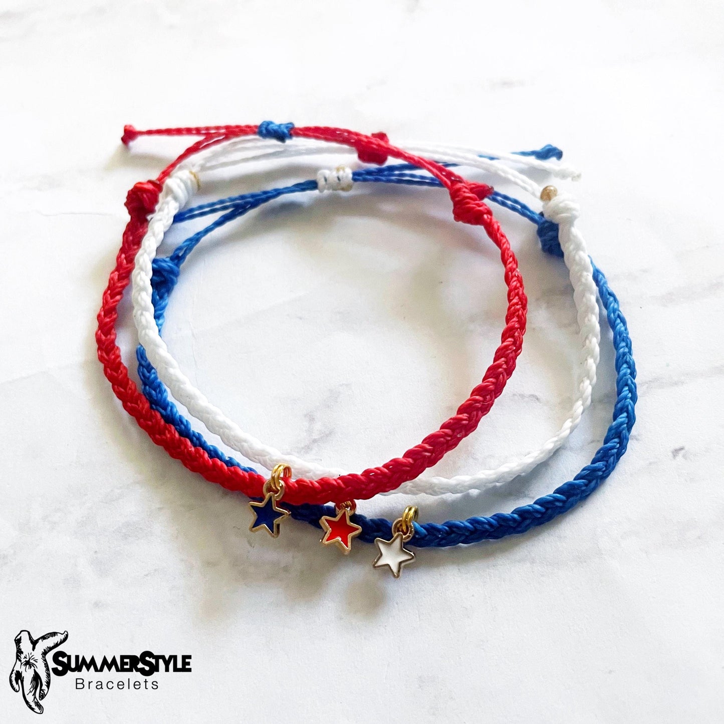 FOURTH OF JULY Patriotic Stars Adjustable Water Resistant Bracelet Set, Braided Bracelet, Americana Jewelry, SummerStyle Bracelets