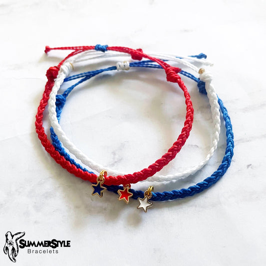 FOURTH OF JULY Patriotic Stars Adjustable Water Resistant Bracelet Set, Braided Bracelet, Americana Jewelry, SummerStyle Bracelets