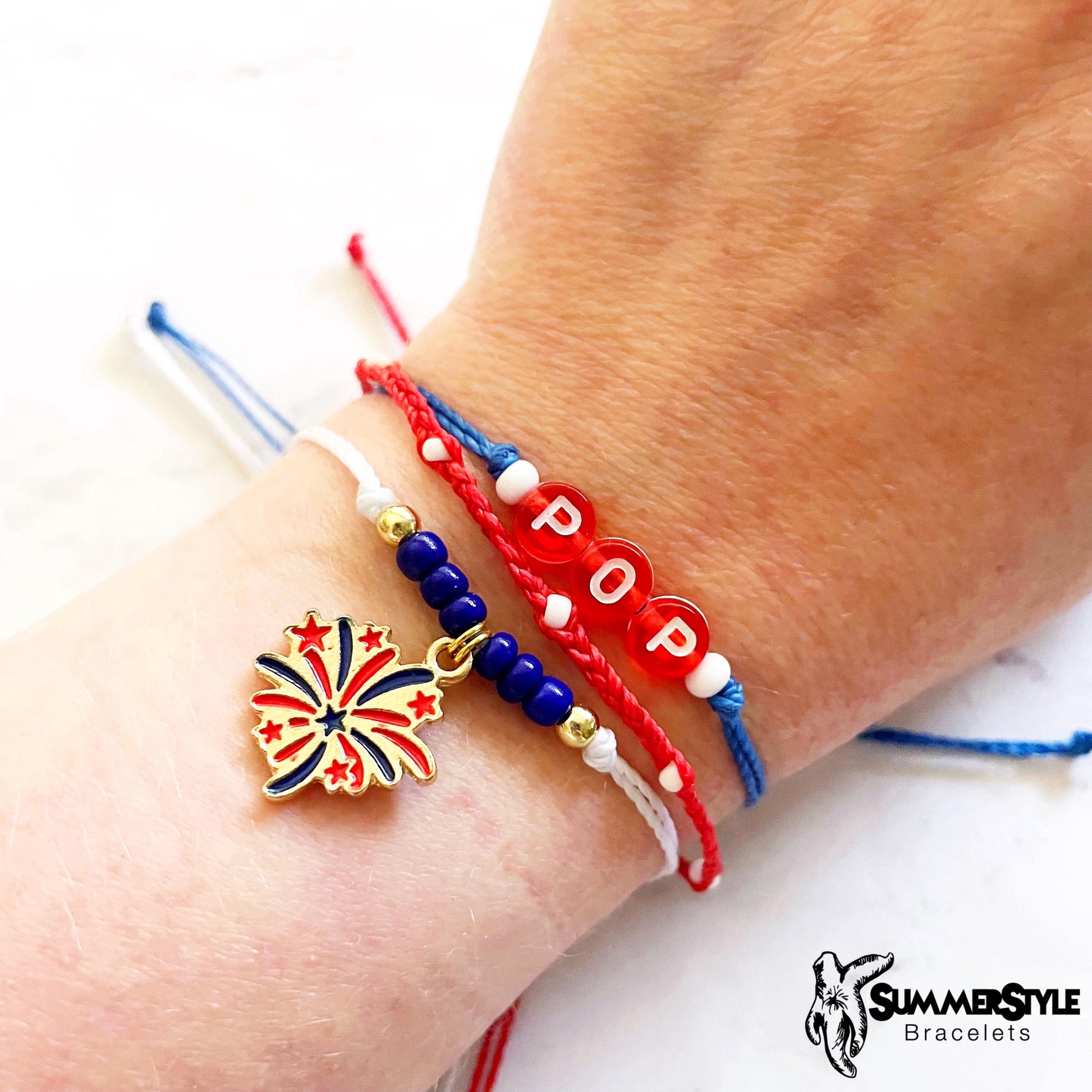 One of a Kind Patriotic Fireworks Adjustable Water Resistant Bracelet Set, Braided Bracelet, Americana Jewelry, SummerStyle Bracelets