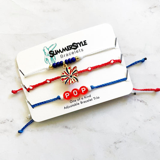 One of a Kind Patriotic Fireworks Adjustable Water Resistant Bracelet Set, Braided Bracelet, Americana Jewelry, SummerStyle Bracelets