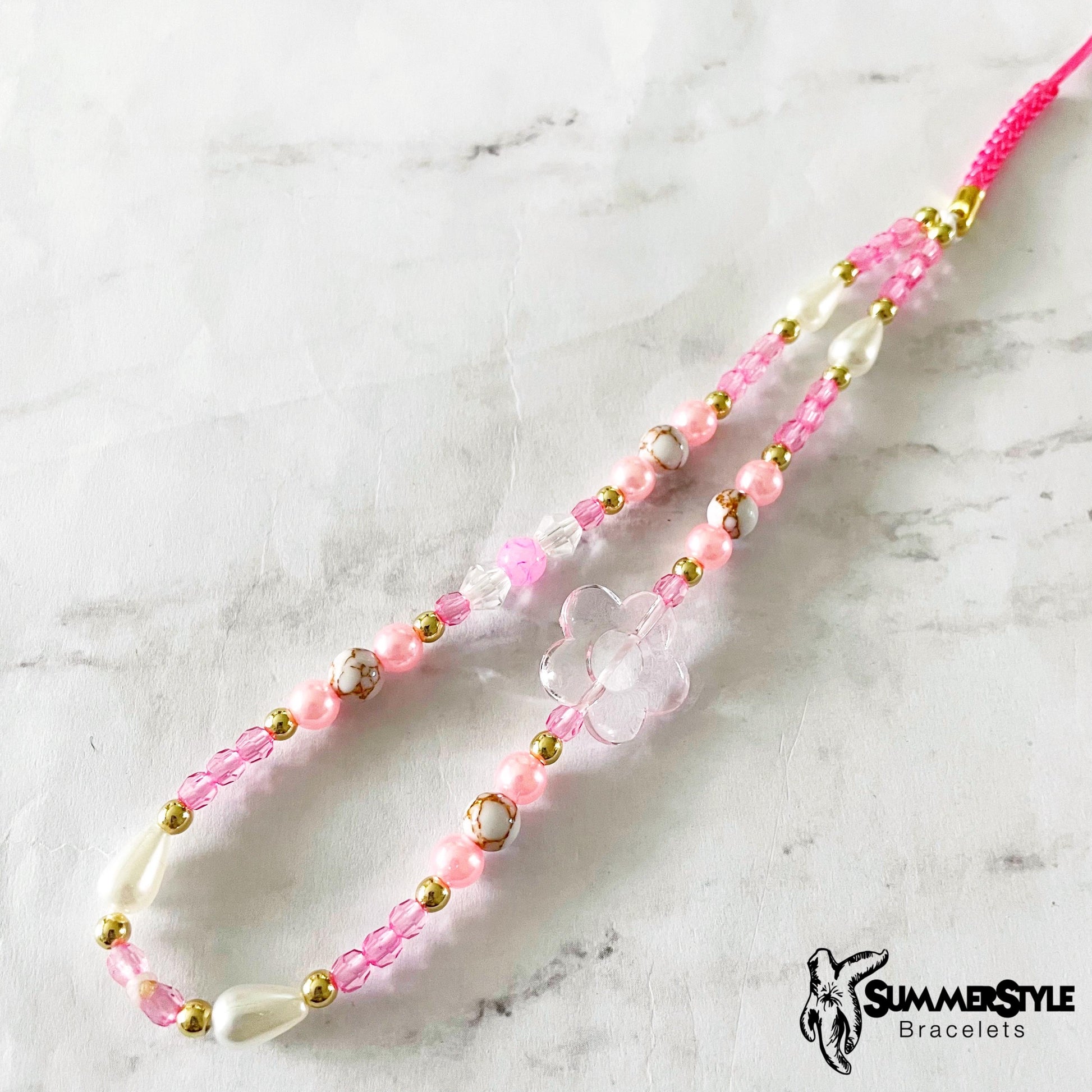 Pink Flower Power Beaded Phone Charm, Kawaii Phone Accessory, Phone Wristlet, SummerStyle Bracelets