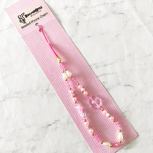 Pink Flower Power Beaded Phone Charm, Kawaii Phone Accessory, Phone Wristlet, SummerStyle Bracelets