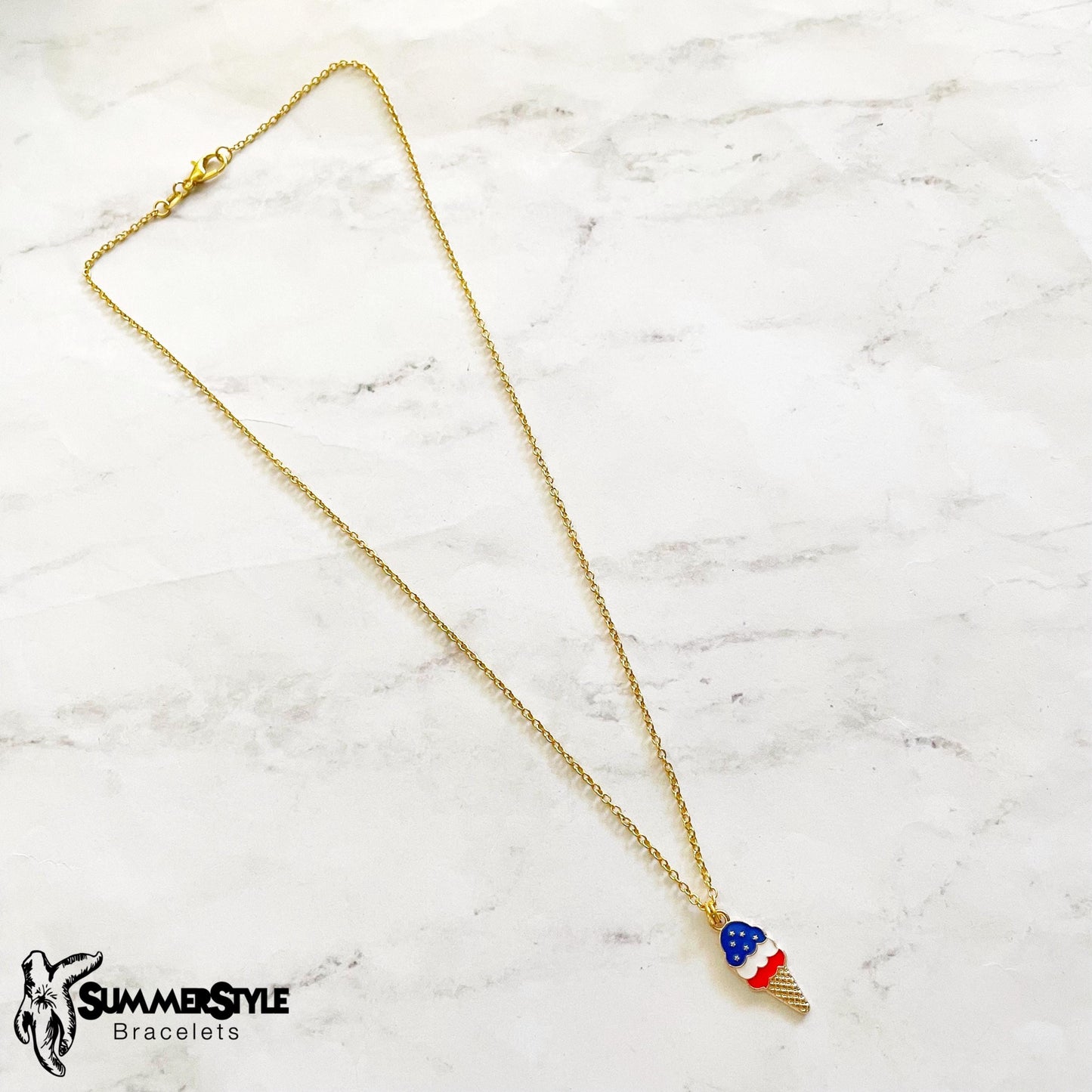 Americana Ice Cream Charm Necklace, Patriotic Necklace, July 4th Jewelry, Gold Chain Necklace, SummerStyle Bracelets