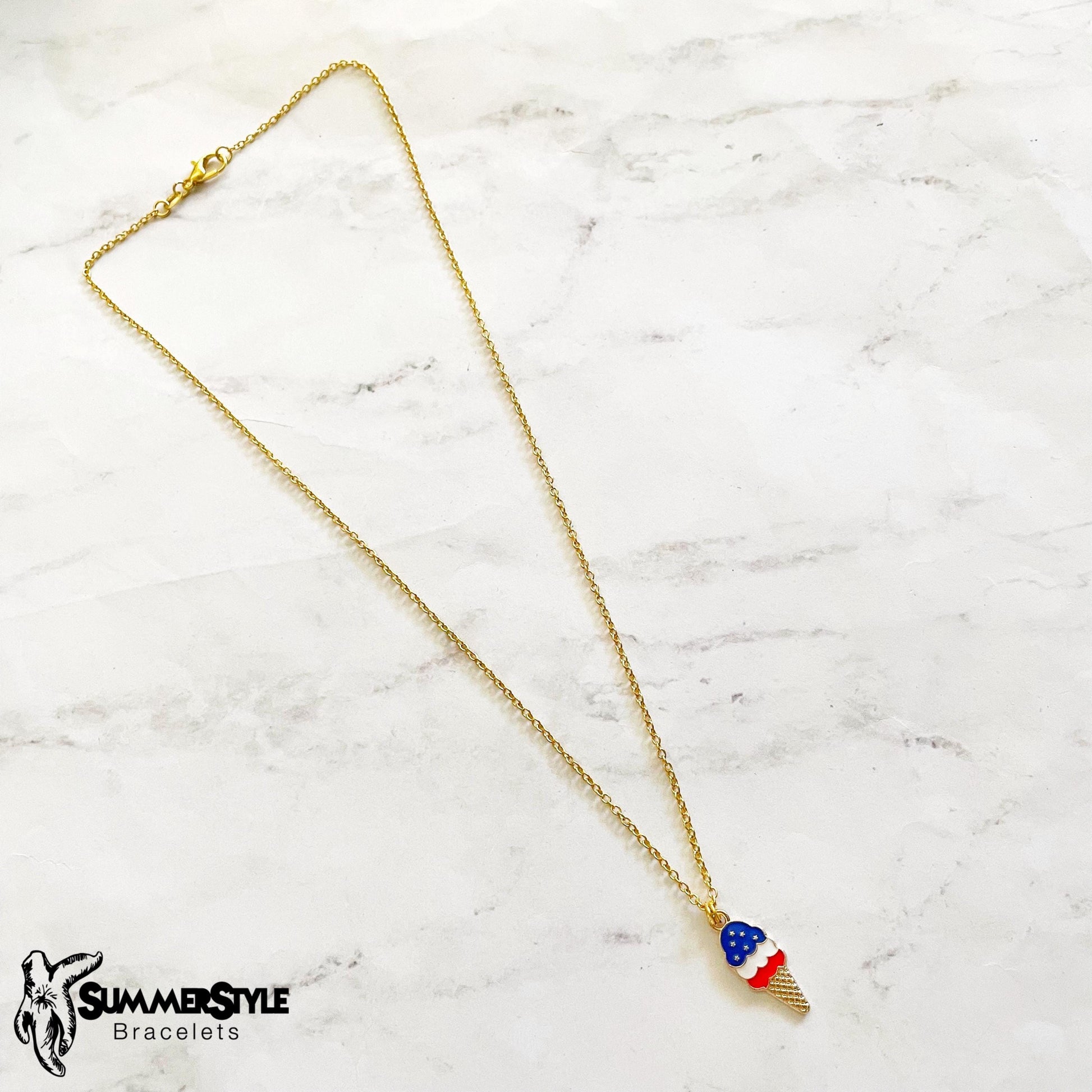 Americana Ice Cream Charm Necklace, Patriotic Necklace, July 4th Jewelry, Gold Chain Necklace, SummerStyle Bracelets