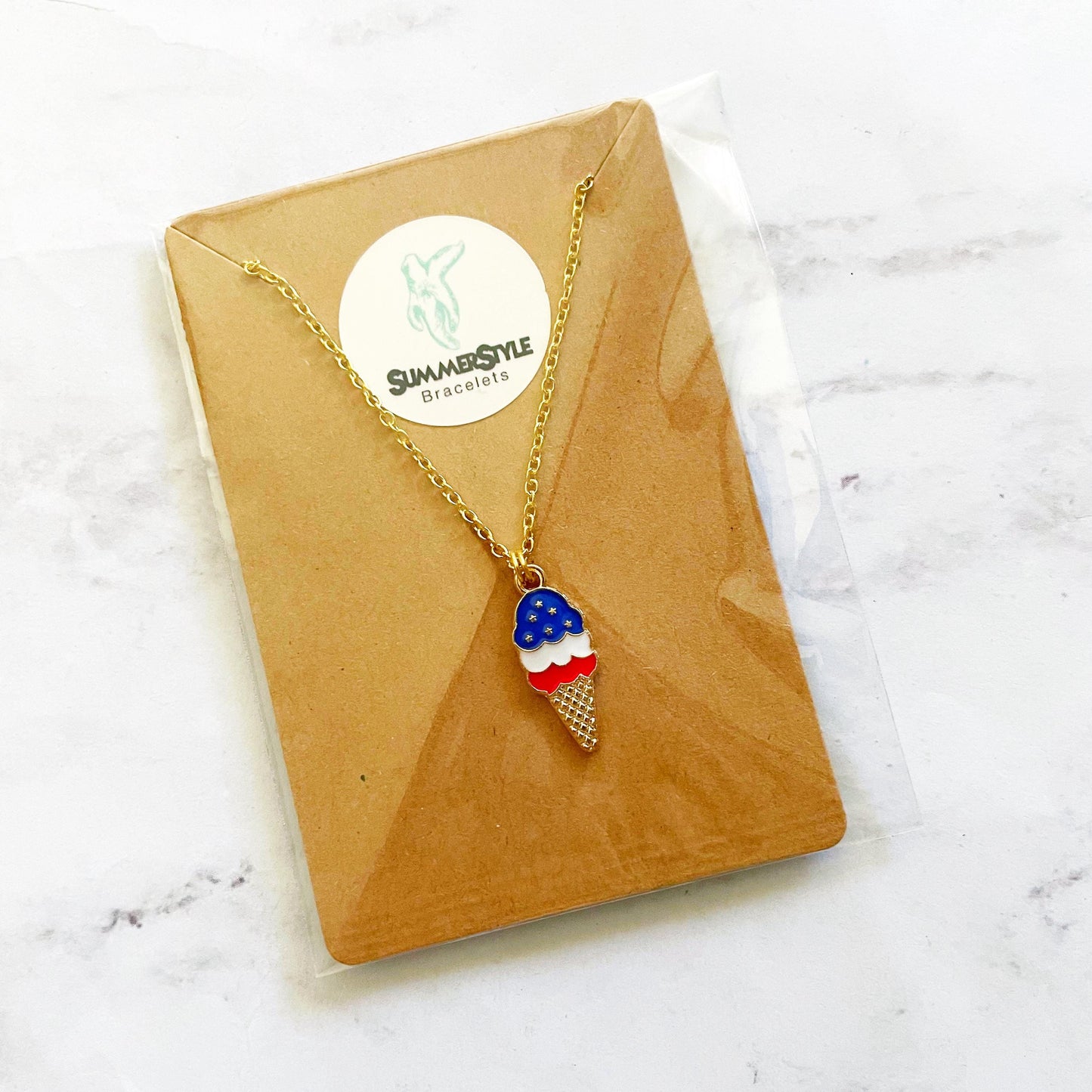 Americana Ice Cream Charm Necklace, Patriotic Necklace, July 4th Jewelry, Gold Chain Necklace, SummerStyle Bracelets