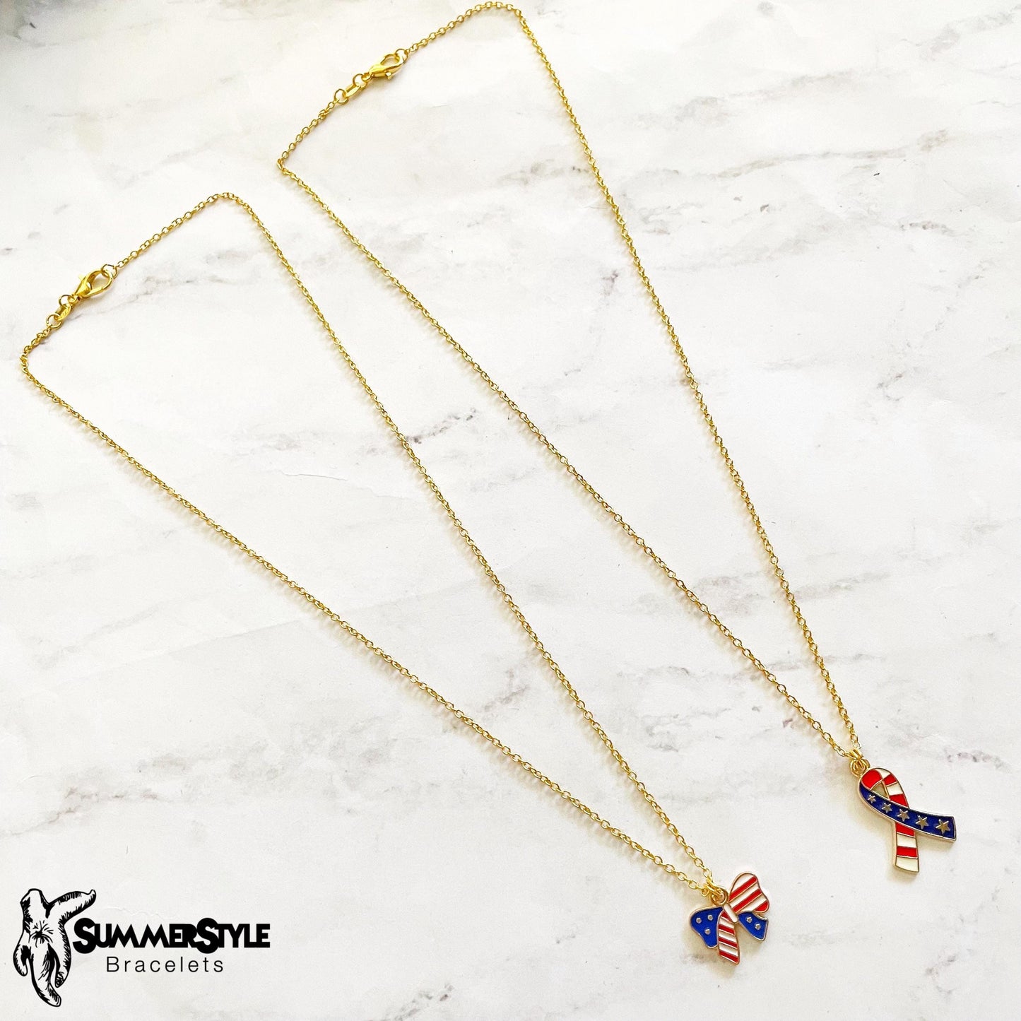 Americana Ribbon Charm Necklace, Patriotic Necklace, July 4th Jewelry, Gold Chain Necklace, SummerStyle Bracelets