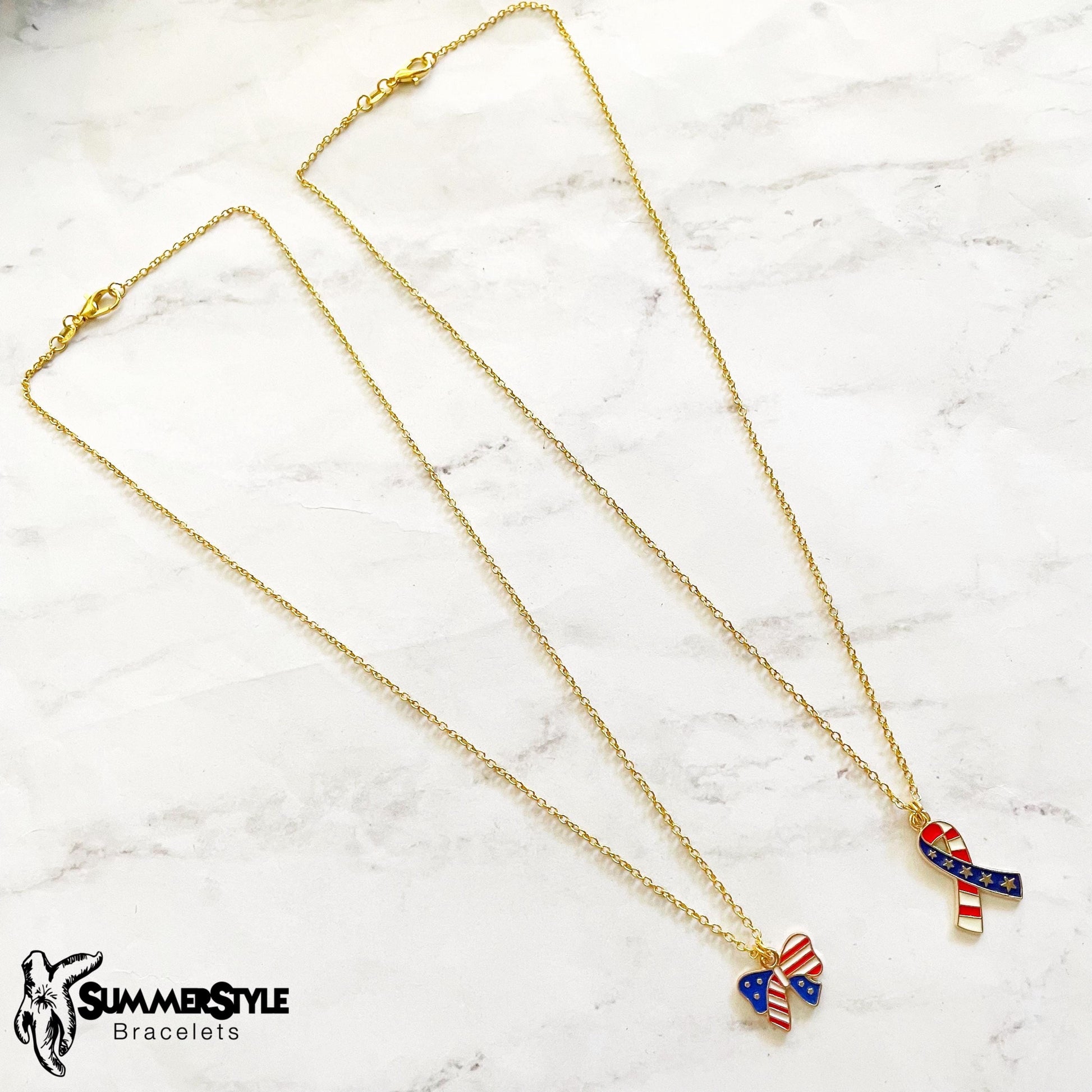 Americana Ribbon Charm Necklace, Patriotic Necklace, July 4th Jewelry, Gold Chain Necklace, SummerStyle Bracelets