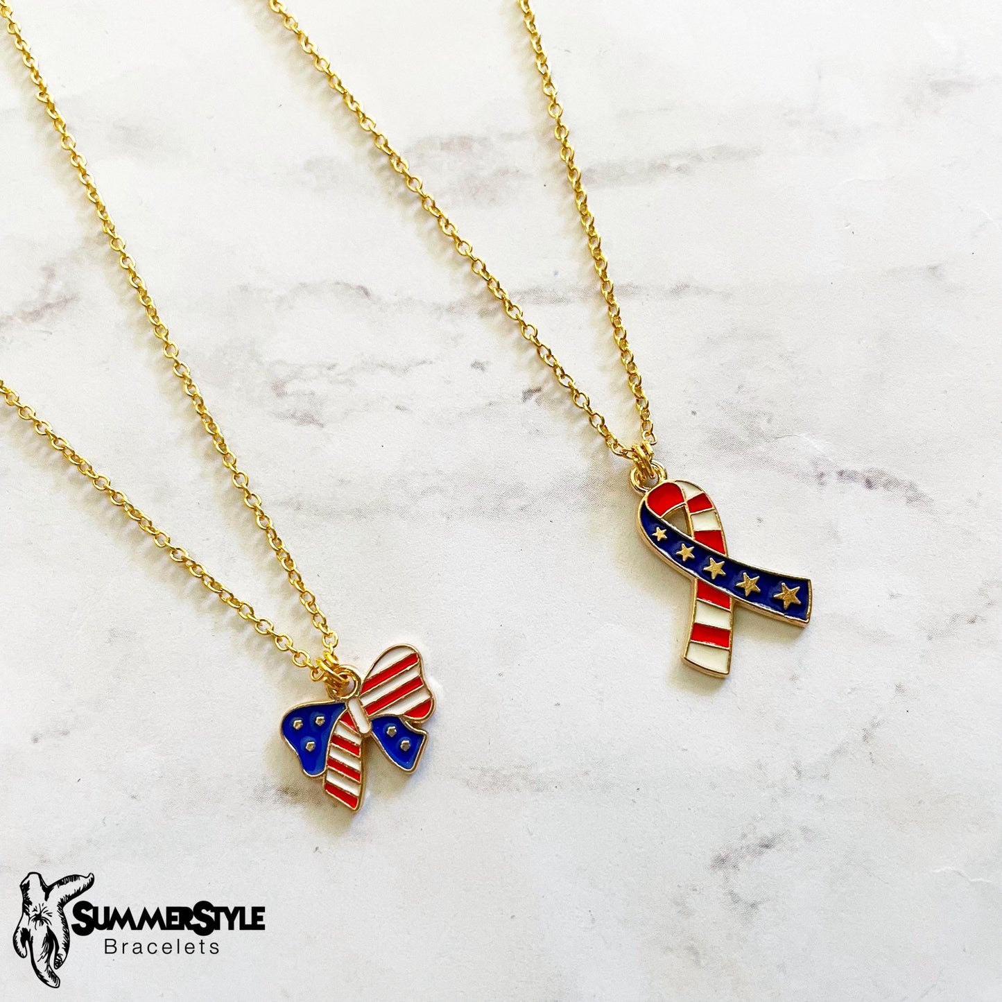 Americana Ribbon Charm Necklace, Patriotic Necklace, July 4th Jewelry, Gold Chain Necklace, SummerStyle Bracelets