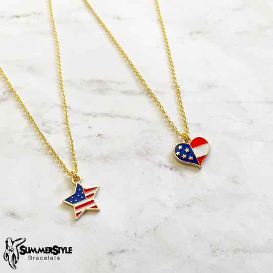Americana Star & Heart American Flag Charm Necklace, Patriotic Necklace, July 4th Jewelry, Gold Chain Necklace, SummerStyle Bracelets