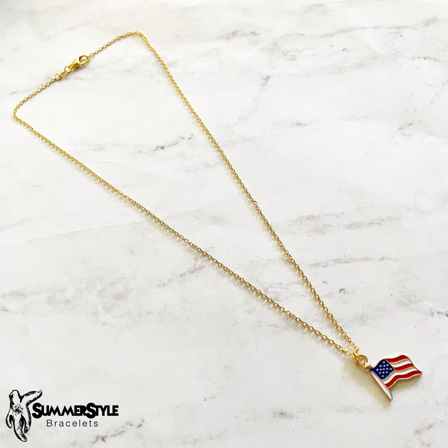 American Flag Charm Necklace, Patriotic Necklace, July 4th Jewelry, Gold Chain Necklace, SummerStyle Bracelets