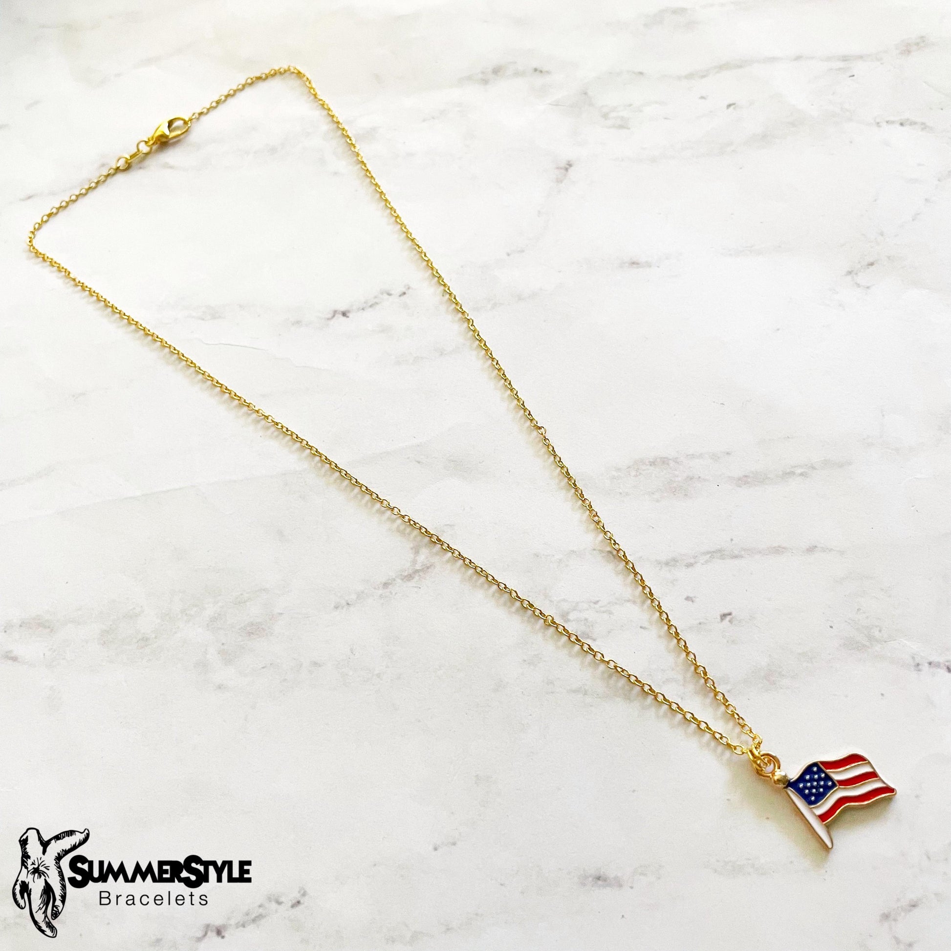 American Flag Charm Necklace, Patriotic Necklace, July 4th Jewelry, Gold Chain Necklace, SummerStyle Bracelets