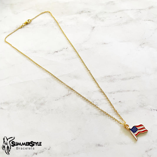 American Flag Charm Necklace, Patriotic Necklace, July 4th Jewelry, Gold Chain Necklace, SummerStyle Bracelets