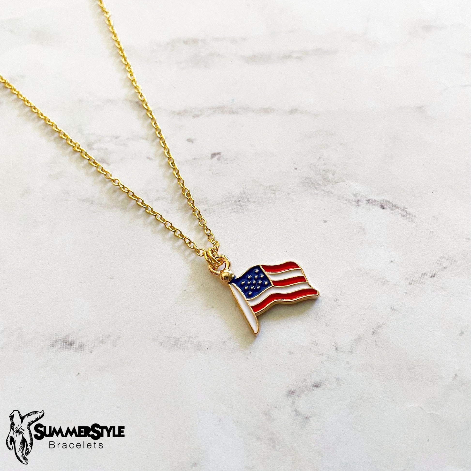 American Flag Charm Necklace, Patriotic Necklace, July 4th Jewelry, Gold Chain Necklace, SummerStyle Bracelets