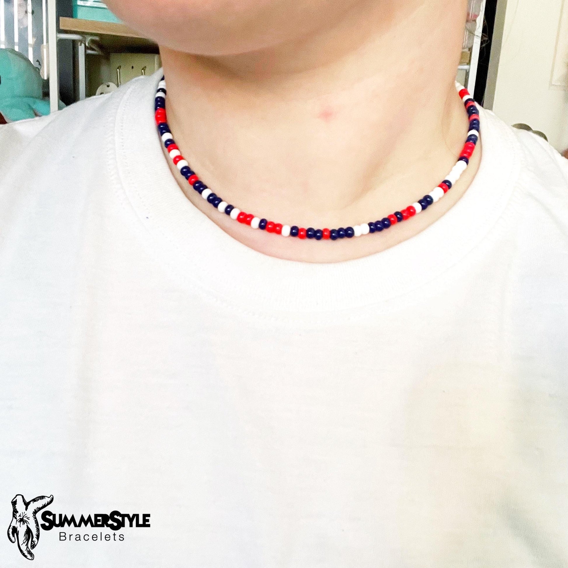 Red White and Blue Beaded Choker, Choker Necklace, Seed Bead Choker, Summer Jewelry, SummerStyle Bracelets