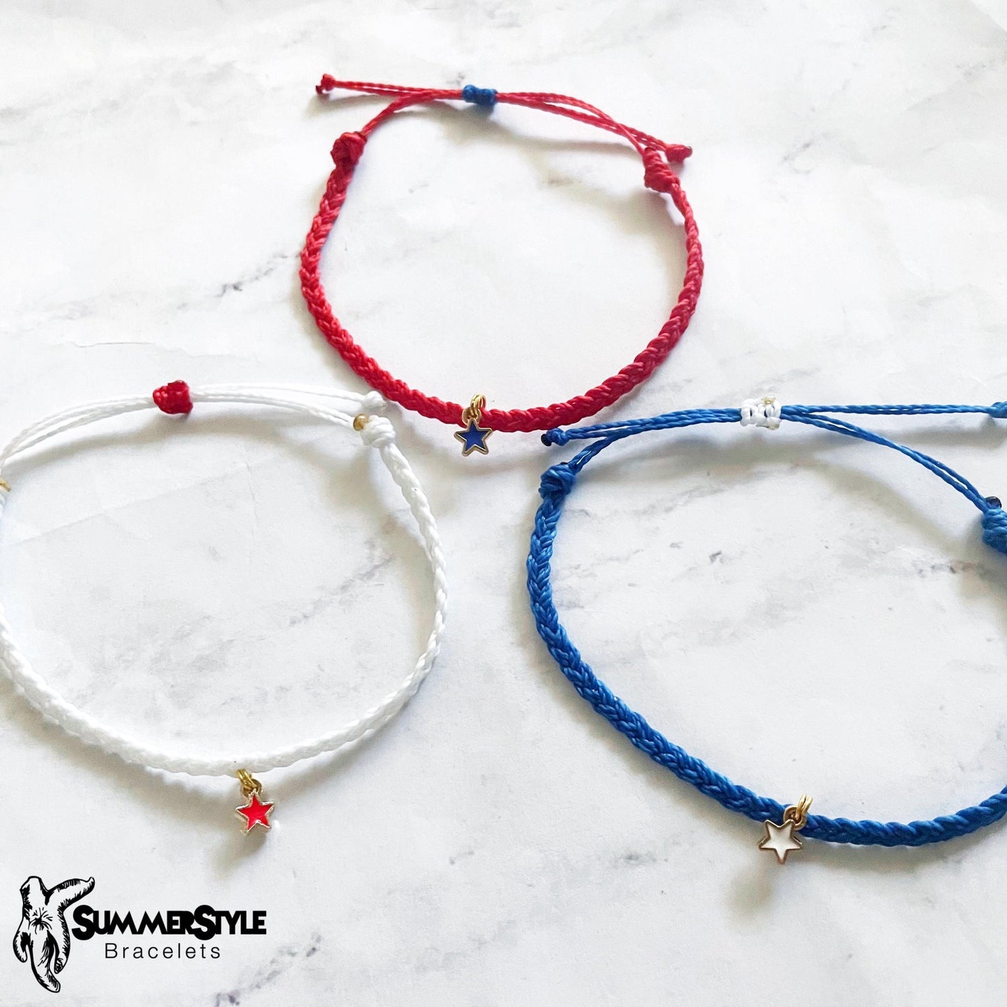 FOURTH OF JULY Patriotic Stars Adjustable Water Resistant Bracelet Set, Braided Bracelet, Americana Jewelry, SummerStyle Bracelets