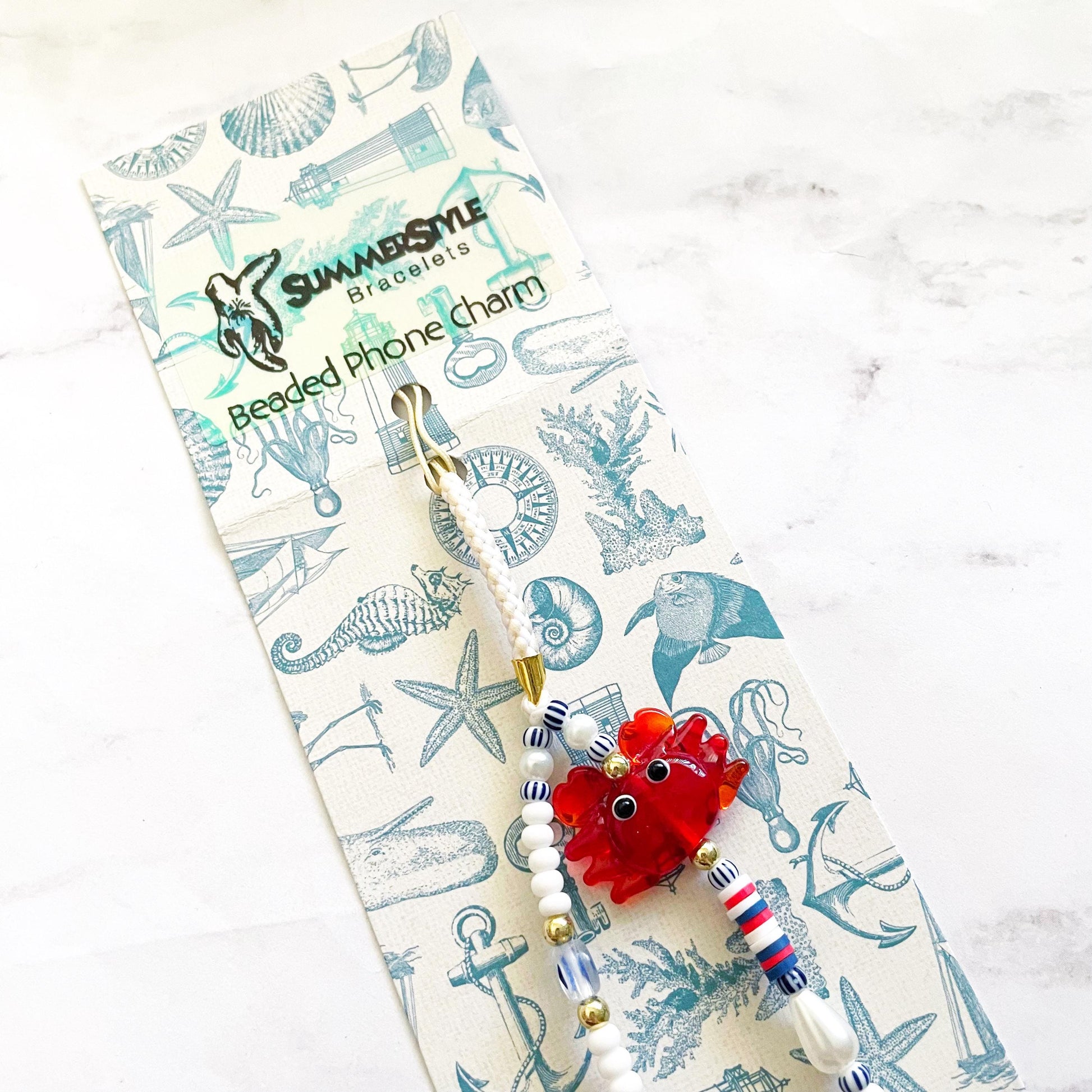 Beach Day Beaded Phone Charm, Nautical Red, White & Blue Wrist Strap, Coastal Summer Accessory, SummerStyle Bracelets