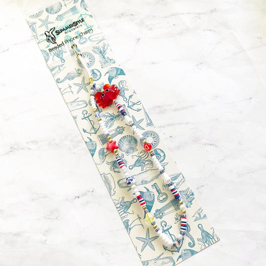 Beach Day Beaded Phone Charm, Nautical Red, White & Blue Wrist Strap, Coastal Summer Accessory, SummerStyle Bracelets