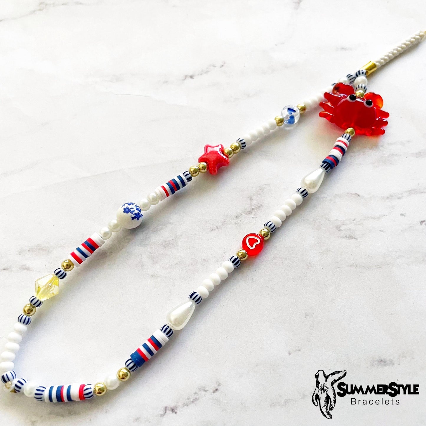 Beach Day Beaded Phone Charm, Nautical Red, White & Blue Wrist Strap, Coastal Summer Accessory, SummerStyle Bracelets