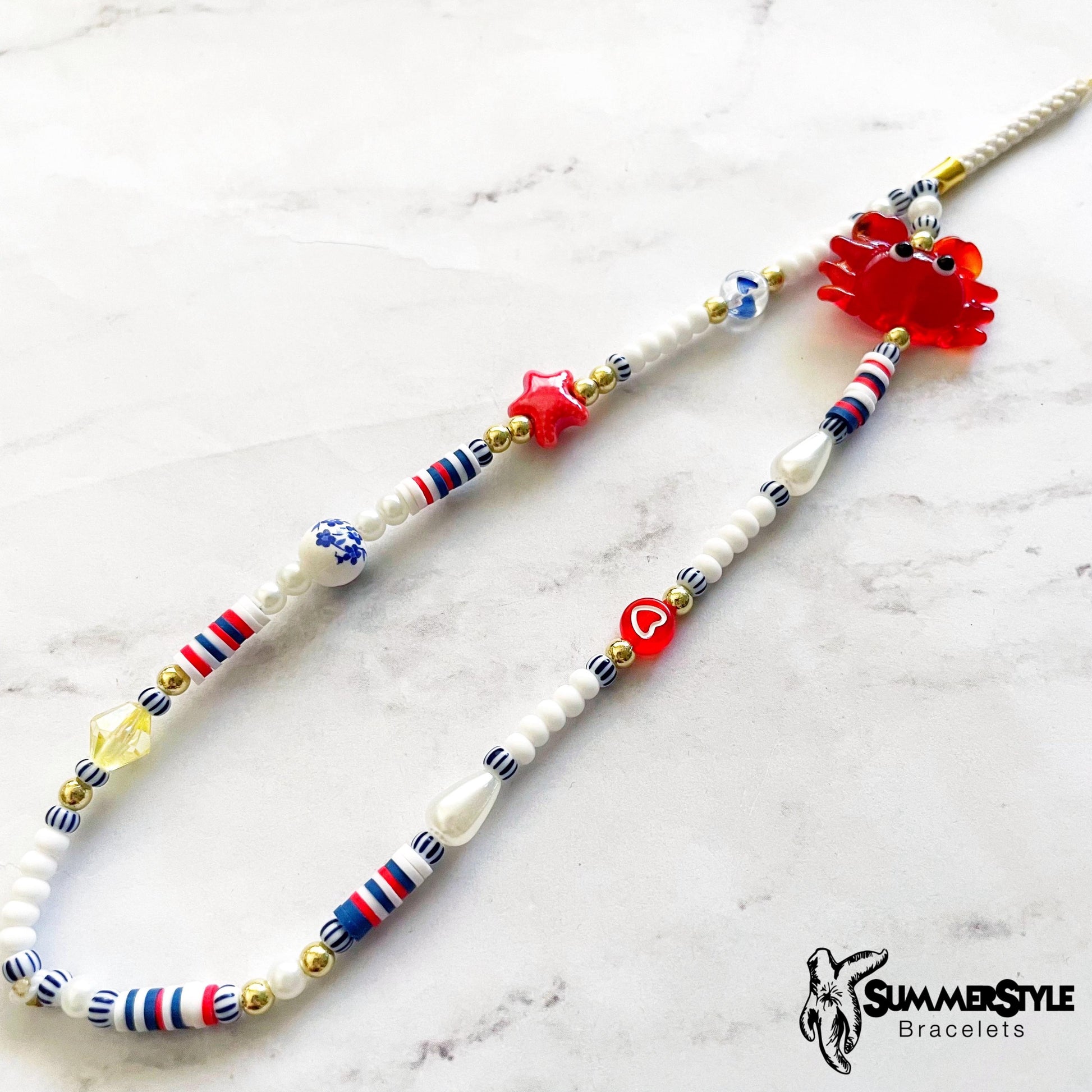 Beach Day Beaded Phone Charm, Nautical Red, White & Blue Wrist Strap, Coastal Summer Accessory, SummerStyle Bracelets