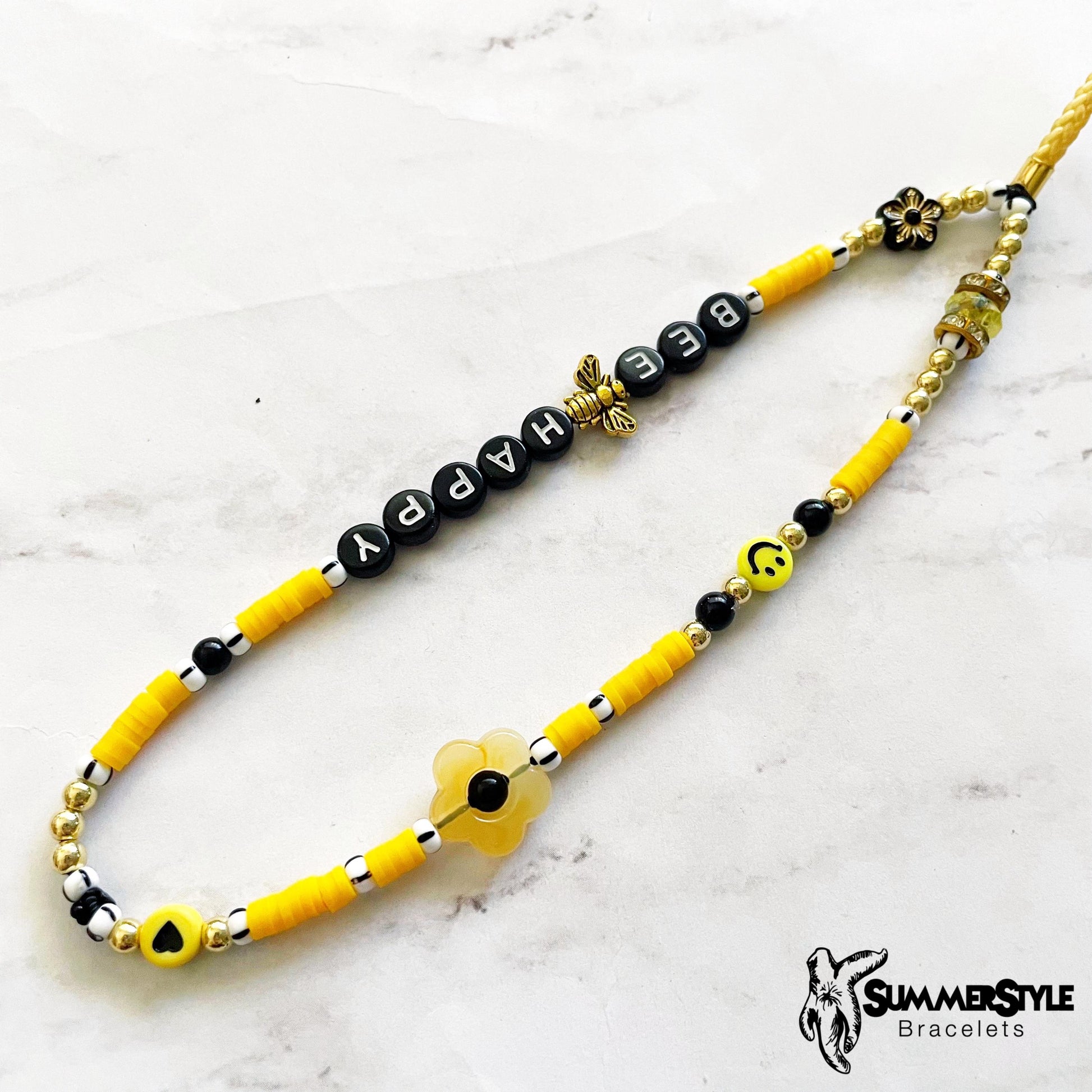 Bee Happy Beaded Phone Charm, Yellow & Black Wrist Strap, Positive Vibes Accessory, SummerStyle Bracelets