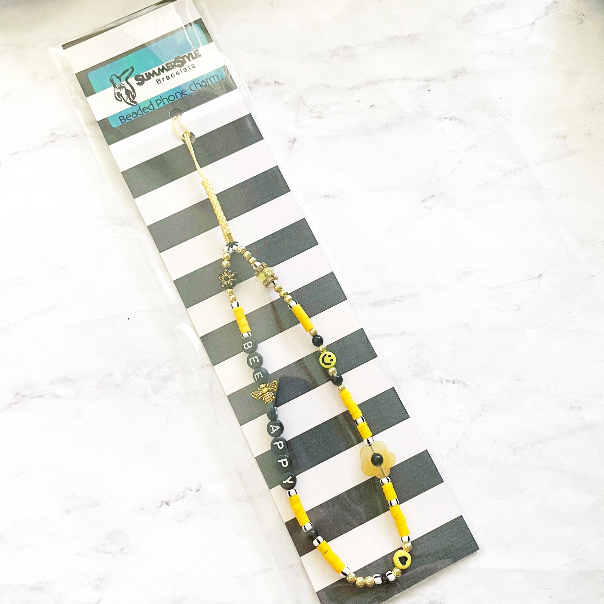 Bee Happy Beaded Phone Charm, Yellow & Black Wrist Strap, Positive Vibes Accessory, SummerStyle Bracelets