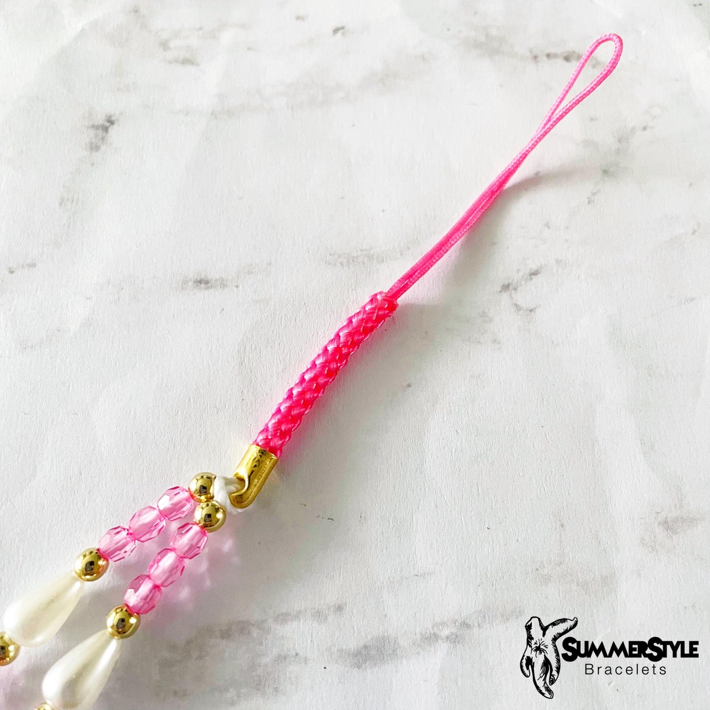 Pink Flower Power Beaded Phone Charm, Kawaii Phone Accessory, Phone Wristlet, SummerStyle Bracelets
