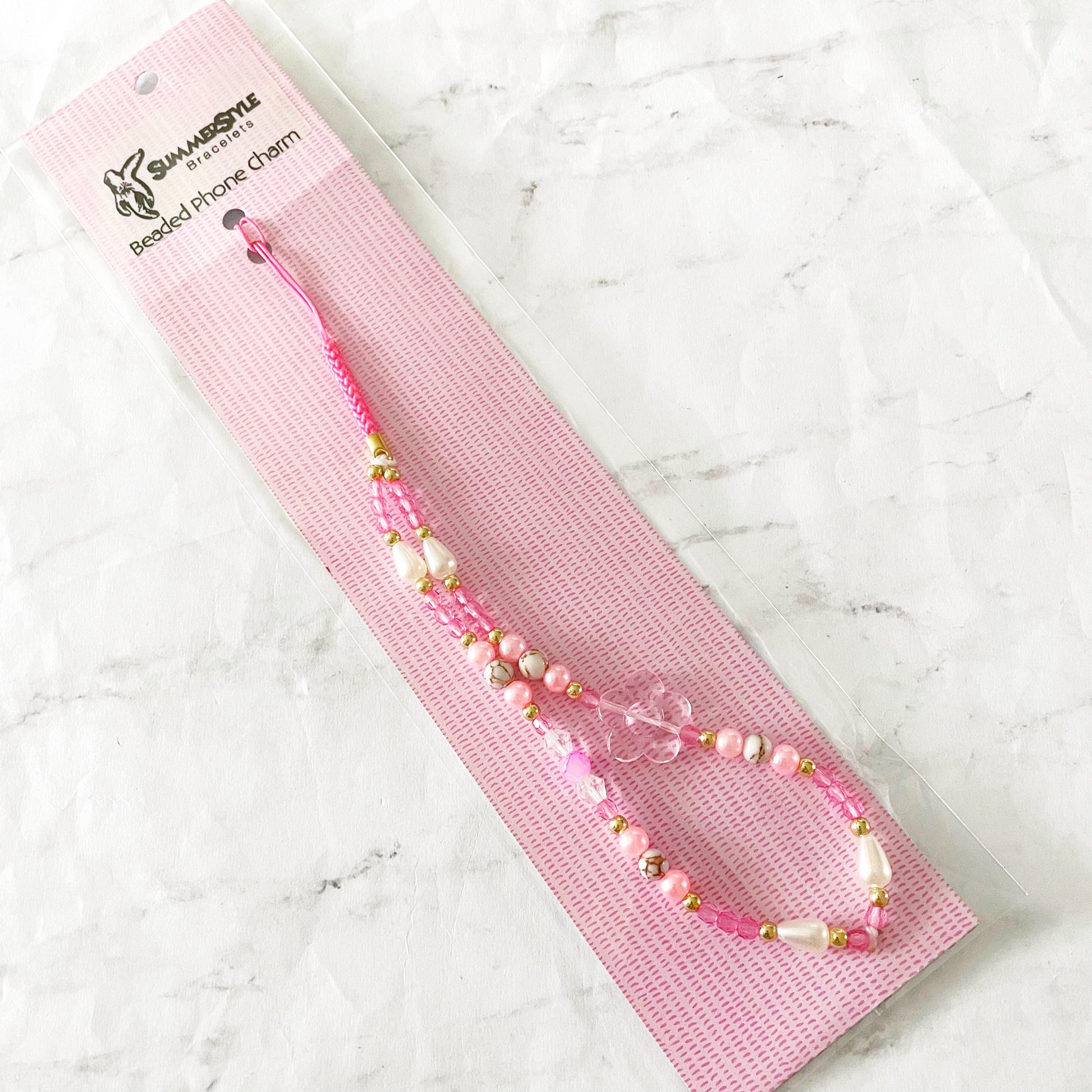 Pink Flower Power Beaded Phone Charm, Kawaii Phone Accessory, Phone Wristlet, SummerStyle Bracelets