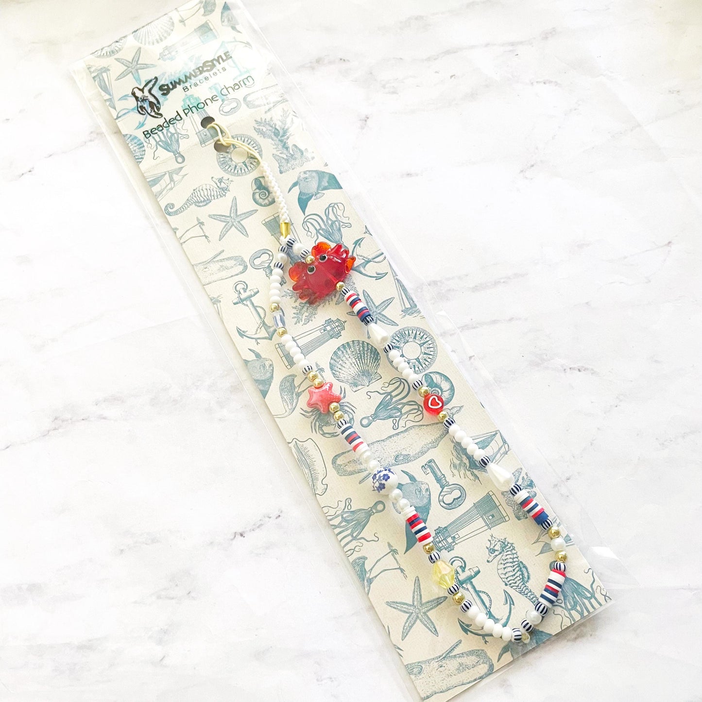 Beach Day Beaded Phone Charm, Nautical Red, White & Blue Wrist Strap, Coastal Summer Accessory, SummerStyle Bracelets
