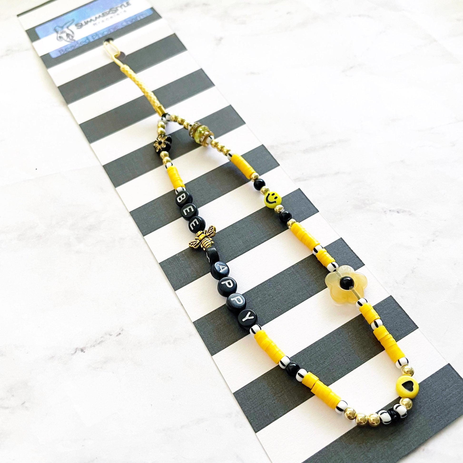 Bee Happy Beaded Phone Charm, Yellow & Black Wrist Strap, Positive Vibes Accessory, SummerStyle Bracelets