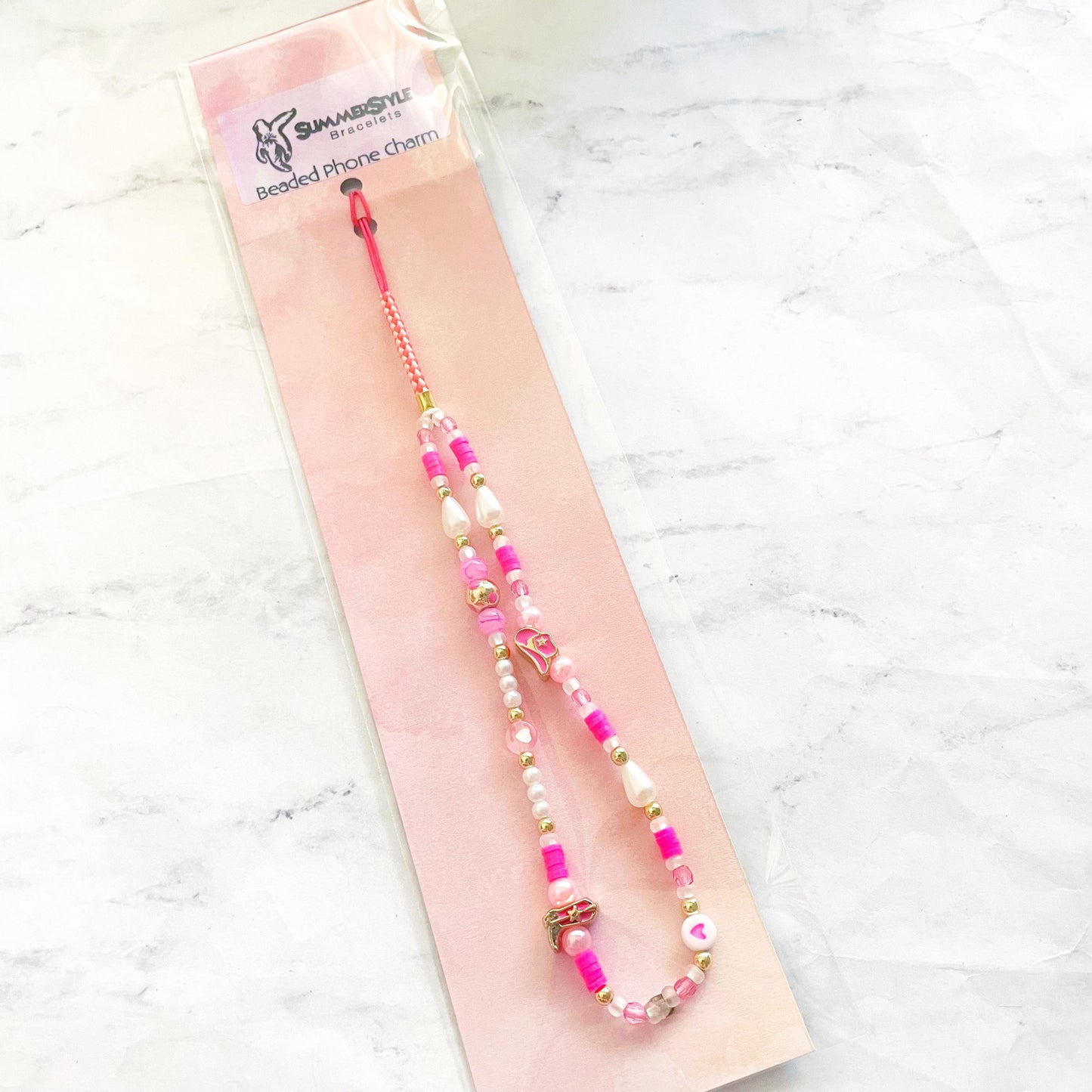 Hot Pink Cowgirl Beaded Phone Charm, Kawaii Phone Accessory, Phone Wristlet, SummerStyle Bracelets