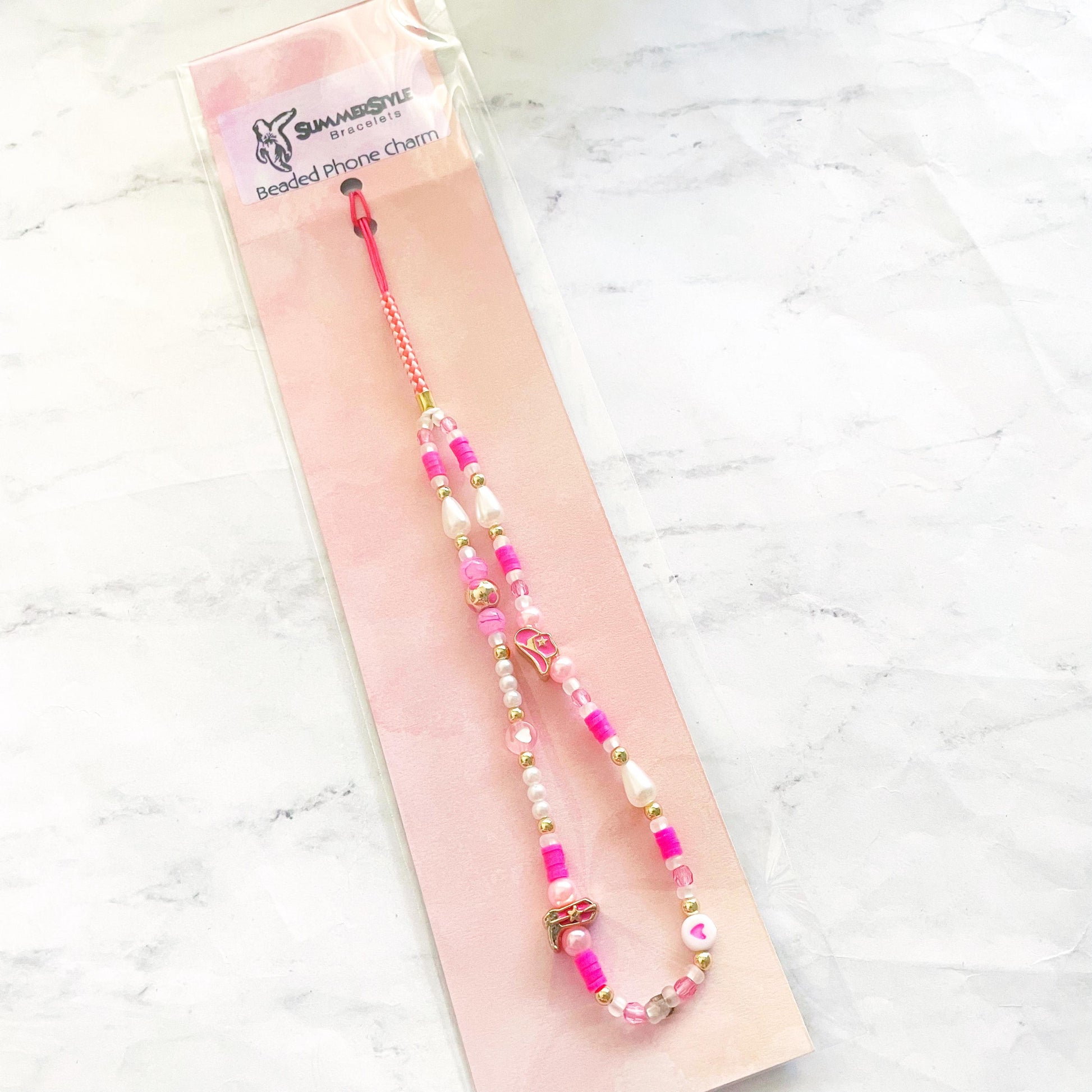 Hot Pink Cowgirl Beaded Phone Charm, Kawaii Phone Accessory, Phone Wristlet, SummerStyle Bracelets