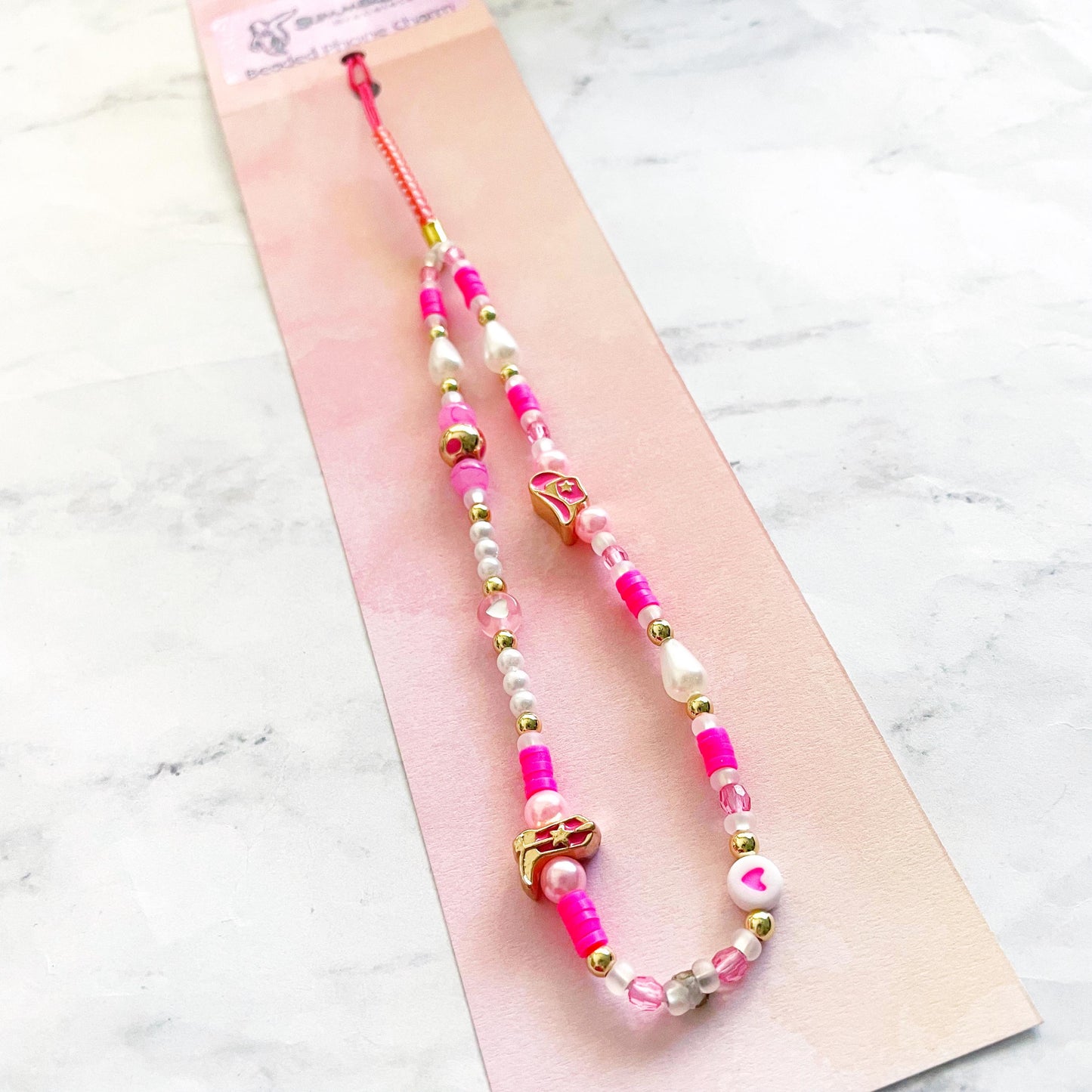 Hot Pink Cowgirl Beaded Phone Charm, Kawaii Phone Accessory, Phone Wristlet, SummerStyle Bracelets