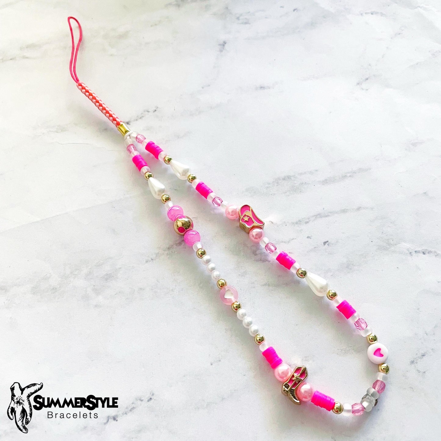 Hot Pink Cowgirl Beaded Phone Charm, Kawaii Phone Accessory, Phone Wristlet, SummerStyle Bracelets