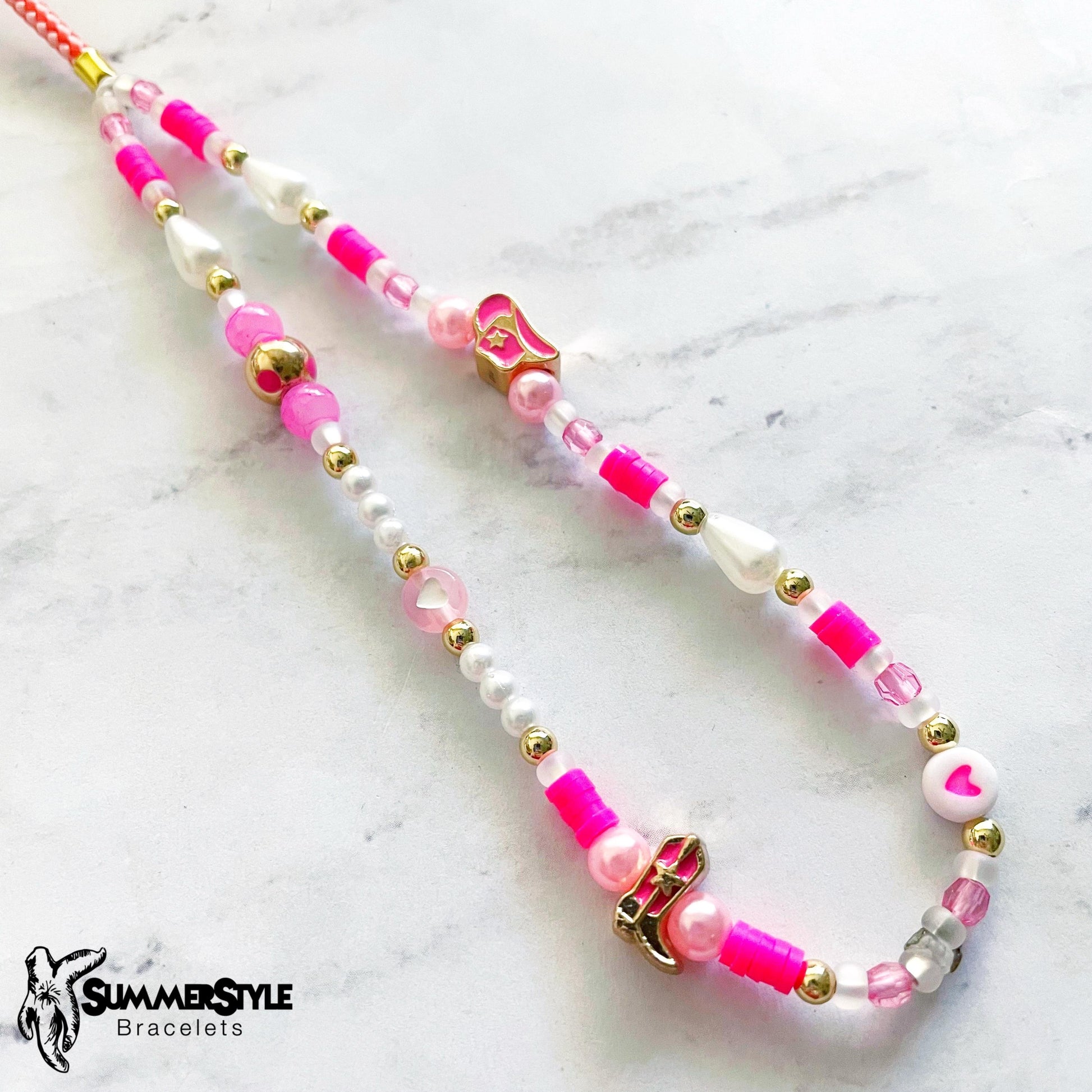 Hot Pink Cowgirl Beaded Phone Charm, Kawaii Phone Accessory, Phone Wristlet, SummerStyle Bracelets