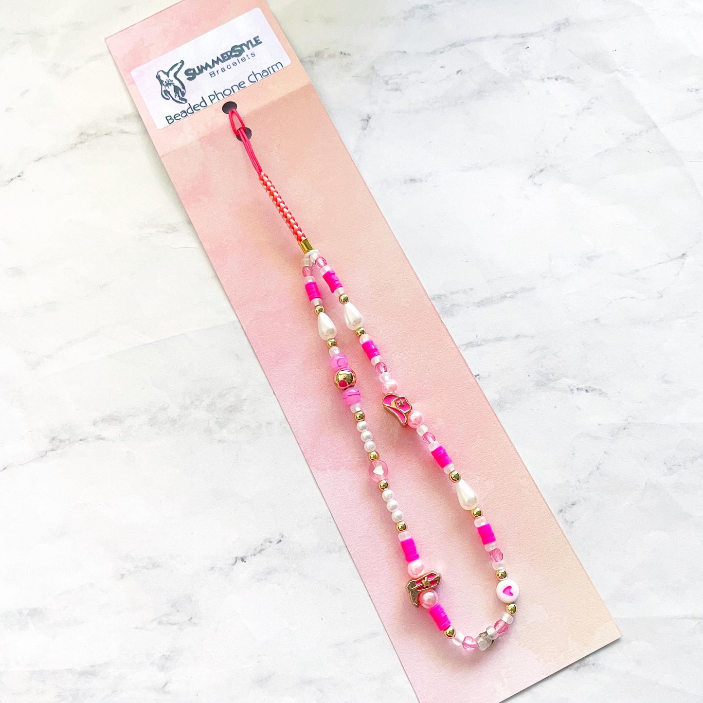Hot Pink Cowgirl Beaded Phone Charm, Kawaii Phone Accessory, Phone Wristlet, SummerStyle Bracelets