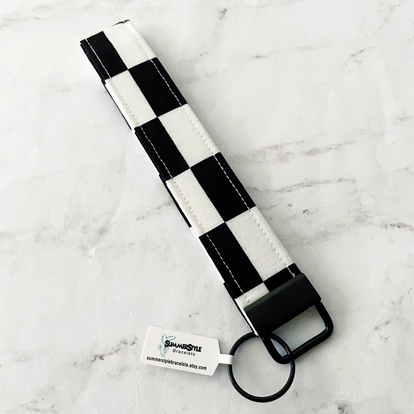 Black & White Checkered Key Fob Wristlet, 6.5in Wristlet Lanyard, Keychain Wristlet, Handmade Lanyard, SummerStyle Bracelets