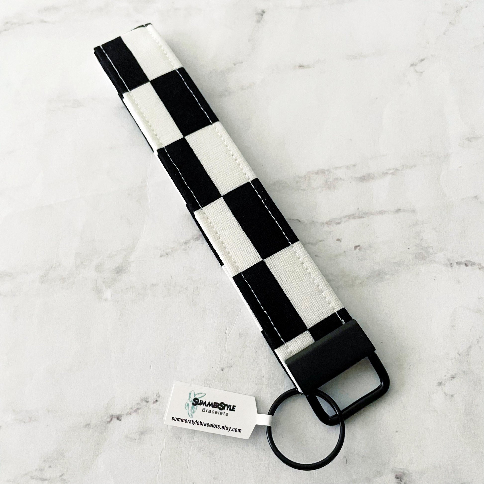 Black & White Checkered Key Fob Wristlet, 6.5in Wristlet Lanyard, Keychain Wristlet, Handmade Lanyard, SummerStyle Bracelets