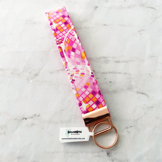 Pink Disco Ball Key Fob Wristlet, 6.5in Wristlet Lanyard, Keychain Wristlet, Handmade Lanyard, SummerStyle Bracelets