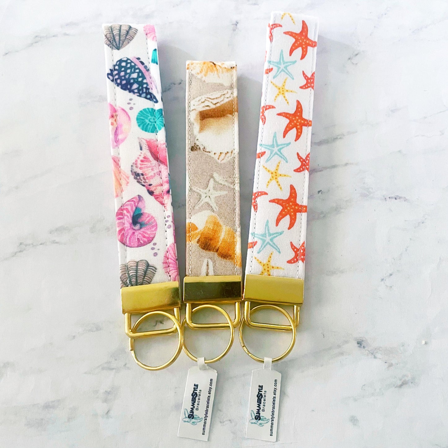 Watercolor Seashell Key Fob Wristlet, 6.5in Wristlet Lanyard, Keychain Wristlet, Handmade Lanyard, SummerStyle Bracelets